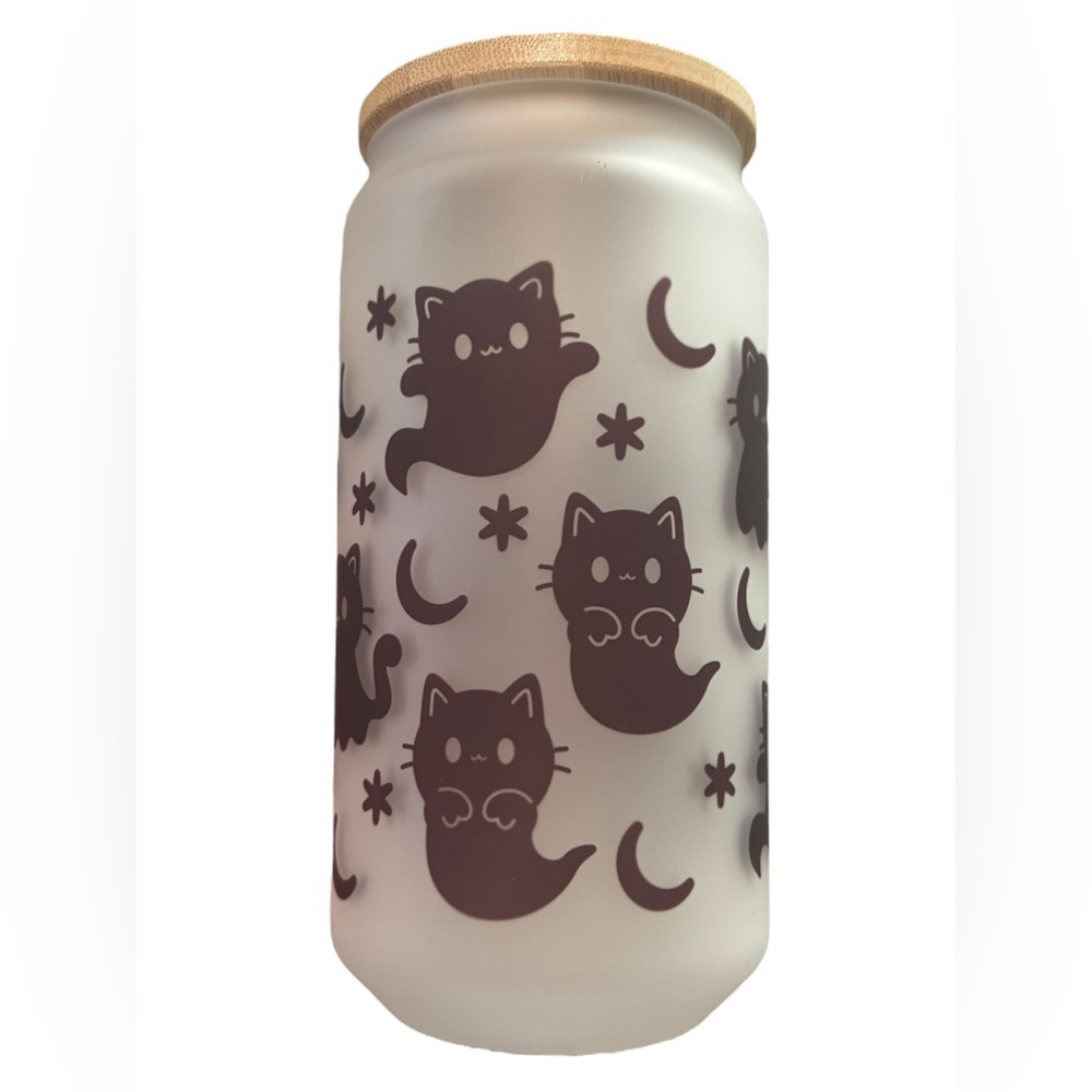 Ghost Kitties Handcrafted 16 Oz Glass Can Tumbler with Straw and Bamboo Lid